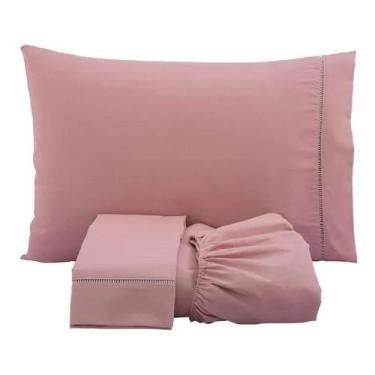 Imagem de Jogo Lençol Casal Queen Ponto Palito 3 Peças 180 Fios Algodão ROSA - V