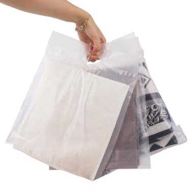 Imagem de Klmnop Pacote com 100 sacos de camiseta foscos, sacos de embalagem de roupas de 28 x 35 cm para envio, sacos de embalagem de plástico seláveis para pequenas empresas com alça (transparente)
