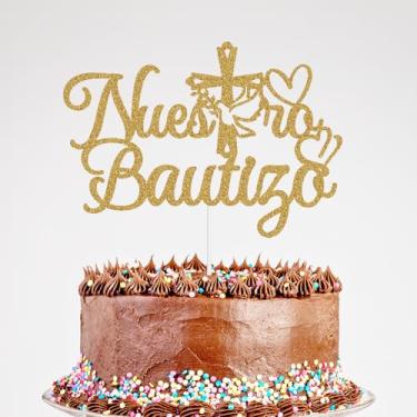 Imagem de Nuestro Bautizo Cake Topper, Mi Primera Comunion First Holy Communion Cake Topper, Bridal Shower Baptism Christening Baby Shower Party Decorations Gold Glitter