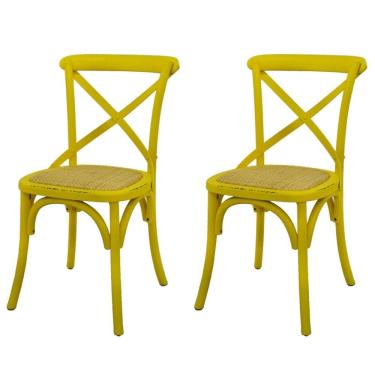 Imagem de Kit 2 Cadeiras Katrina Cross Rivatti Madeira Amarela Assento Rattan Natural