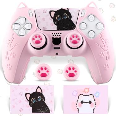 Imagem de SoAegis Pink Cute Cat-Ear Controller Skin Set, Silicone Controller Cover for PS5 Wireless Grip, Comes with 2 PS5 Thumb Grips and 2 Cartoon Stickers