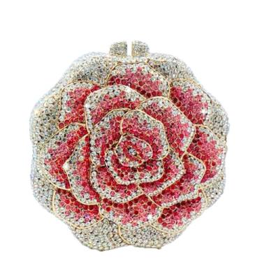 Imagem de Boutique De FGG Bolsa de mão feminina de cristal de flor rosa para noite formal para festa com strass, bolsa de casamento, Vermelho #5, Mini