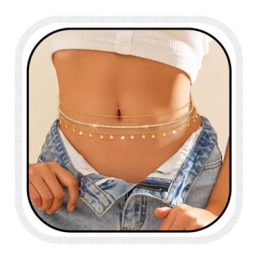 Imagem de Cosydays Corrente de cintura com strass de lantejoulas douradas, correntes de barriga em camadas, corrente de praia para mulheres, 45inches, Liga metálica, Strass