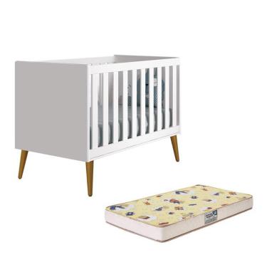 Imagem de Berço Mini Cama Theo Retrô com Pés Amadeirado e Colchão D18 - Reller Móveis Branco Fosco