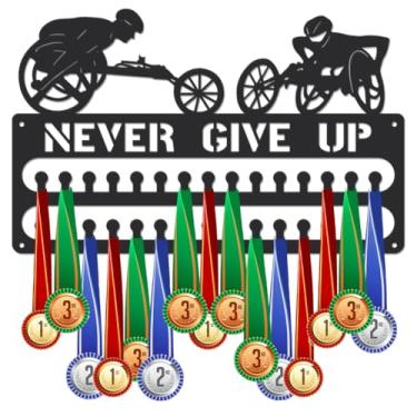 Imagem de SUPERDANT Never Give Up Medalha Cabides Cadeira de Rodas Suporte de Medalha Personalizado Suporte de Medalhas Suporte de Parede Pendurado 2 Fileiras com 30 Ganchos Preto Metal Prêmio Display Rack