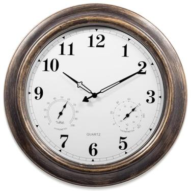 Imagem de MECOSEN Relógios de exterior à prova d'água, relógio grande de 45,7 cm para pátio com termômetro higrômetro, relógio de parede vintage decorativo silencioso operado por bateria para sala de estar