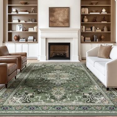 Imagem de BEIMO Tapetes de área para sala de estar, 22 x 30,5 cm, lavável à máquina, boho vintage, retrô, grande, floral, medalhão para quarto, sala de jantar, tapete antiderrapante, leve, verde escuro