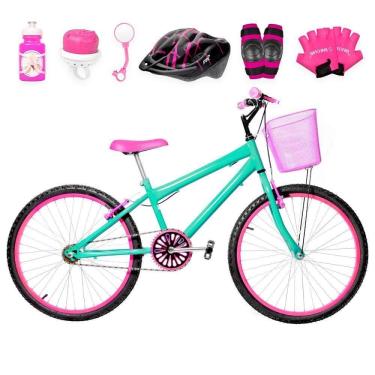 Imagem de Bicicleta Feminina Aro 24 Alumínio Colorido + Kit Proteção Cor Verde água E Pink