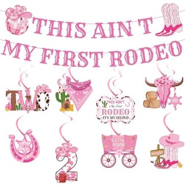 Imagem de Decorações de aniversário ocidentais para meninas - 10 peças rosa This Ain't My First Rodeo Banners pendurados redemoinhos 2ª vaqueira decorações de festa de aniversário para meninas do oeste selvagem