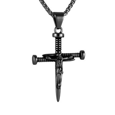 Imagem de HZMAN Crucifixo de unhas para homens com Jesus colar de cruz de aço inoxidável 55 + corrente de 55 cm, Aço inoxidável, Sem Pedra Preciosa