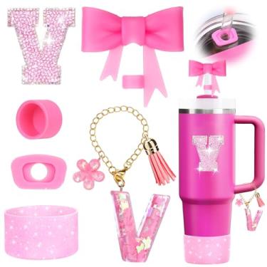 Imagem de Mity rain 6 peças de acessórios de copo rosa para Stanley Cup 850 g 1,134 g - Decoração de iniciais de copo para Stanley, incluindo tampa e bota de palha de silicone, tampa à prova de derramamento