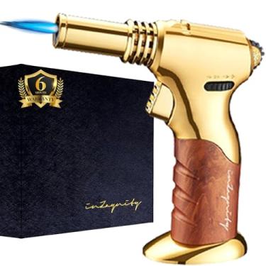 Imagem de Pistola de tocha de butano de chama dupla – Mini maçarico portátil recarregável para cozinhar, crème brûlée, soldagem, arte em resina – trava ajustável de chama e ignição – marrom dourado limitado por