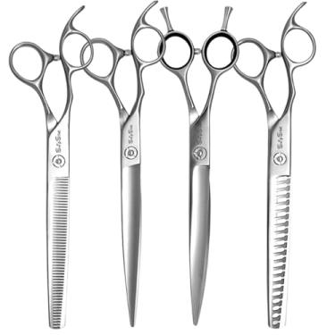 Imagem de SnipStar 7,5 polegadas mão esquerda tesoura profissional de animais de estimação conjunto VG10 aço reta, curva, chunker e tesouras de diluição para cuidados de cães