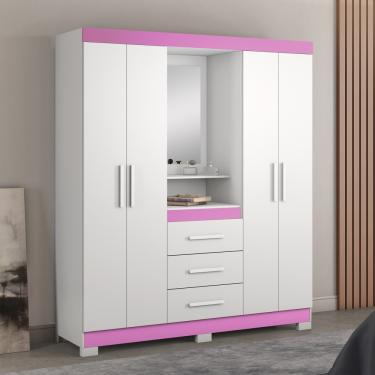 Imagem de Guarda Roupa Solteiro com Espelho e Pés 4 Portas 3 Gavetas NT5015 Notável Móveis - Branco New/Rosa