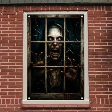 Imagem de Saoplasa Capa de janela de Dia das Bruxas, pôster de zumbi assustador, decoração de casa assombrada, adesivo de janela de terror assustador, design de impressão de mão sangrenta para festa ao ar livre