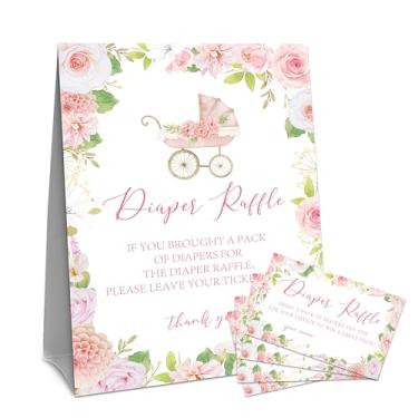 Imagem de Conjunto de sorteio de fraldas para carrinho de bebê floral - 50 bilhetes de sorteio com 1 placa de pé - anúncio de bebê, revelação de gênero, conjunto de jogo de decoração de festa de chá de bebê