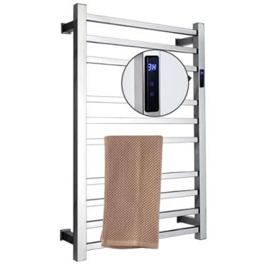 Imagem de Toalheiro TéRmico-Quadrado/Redondo Inox Aquecedor De Toalhas De Parede, Suporte Para Toalhas Aquecido-10 Barras,Aquecedores De Toalhas Para Banheiro Com Temporizador E Temperatura,SilverB220V