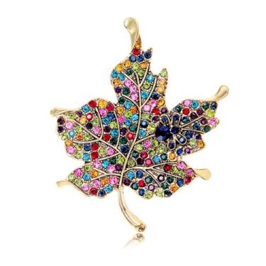 Imagem de Dreuyet Broche de folha de bordo para mulheres outono dia de ação de graças cristal colorido folha de bordo lapela broche festa baile casamento ação de graças joias presente, Medium, Zinco, Zircônia