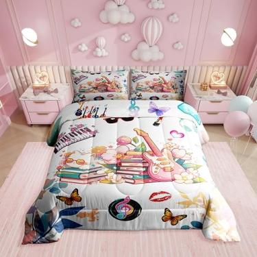 Imagem de Erosebridal Jogo de cama solteiro com tema musical, guitarra, borboletas, floral, presente para fãs de cantores, estilo moderno, moderno, edredom com desenho animado, gato, discos, 2 fronhas