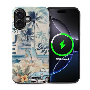 Imagem de Yuning419 Capa compatível com iPhone 16 [compatível com MagSafe] Capa de proteção rígida híbrida de 2 camadas, capa magnética protetora à prova de choque para iPhone 16, colagem de conchas praia verão