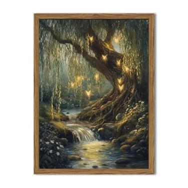 Imagem de Arte de parede Willow Tree Fairies Cottagecore encantada floresta decoração de parede vintage árvore da vida textura 3D pintura de arenito desenhada à mão para quarto sala de estar 40,6 x 61 cm