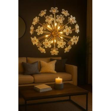 Imagem de Lustre Pendente Dourado com Flores de Cristal – 18 Lâmpadas LED G9 Inclusas – Iluminação Luxo 90W – Design Moderno e Sofisticado para Sala de Estar, Jantar e Ambientes Comerciais