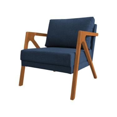 Imagem de Poltrona Decorativa Mona Luxo Base Madeira Maciça Linho Azul
