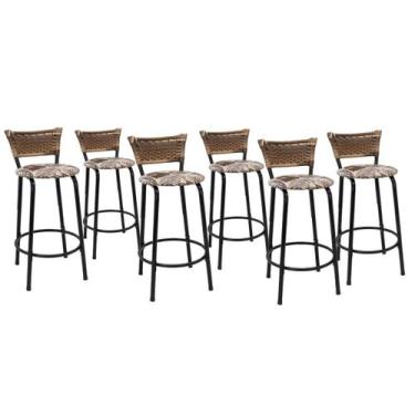 Imagem de Kit 6 Banquetas Para Balcão 60cm Preta Junco Cappuccino Balcão Bistrô 
