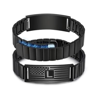 Imagem de FLHEART Pulseiras com iniciais masculinas, bandeira americana A-Z, letras maiúsculas, aço inoxidável, ajustável, joias presentes para homens, filho, neto, irmão, pai, marido, 6"-7.5", Aço inoxidável