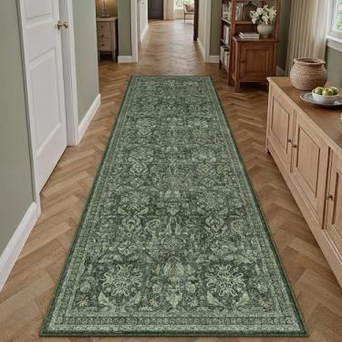Imagem de PureCozy Tapete de corredor verde escuro 5 x 20 cm lavável corredor cozinha tapete vintage antiderrapante pequeno camada baixa fino quarto banheiro tapete retro acento jogue lavanderia sala de estar