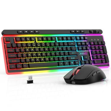 Imagem de Combo de teclado e mouse sem fio, teclado para jogos recarregável, luz de fundo RGB legal, teclado 7KEYS de tamanho completo com ergonomia, iluminado para jogos, 3200 DPI para PC Desk/Laptop/Mac
