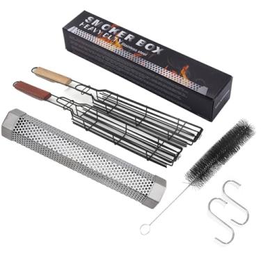 Imagem de Quanmin Tubo de fumaça de 30,5 cm para churrasqueira de pellets 5 horas - Tubo de defumador de aço inoxidável com 2 cestas de churrasqueira de 48 cm para uso externo, acessórios universais para