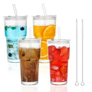 Imagem de Pacote com 4 copos de vidro de 590 ml com tampas e canudos, copos de café gelado com tampas, copo de vidro canelado vintage para cerveja, gelo, café, suco de frutas, copo elegante estético, copos de
