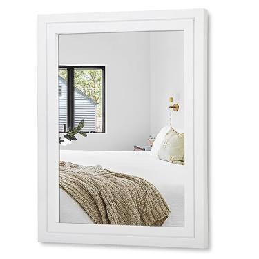 Imagem de AAZZKANG Espelho de parede rústico decorativo de madeira espelho emoldurado casa de fazenda quarto banheiro espelho pendurado decoração de parede retangular branco