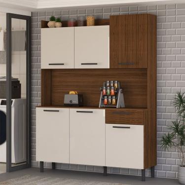 Imagem de Armário de Cozinha com Balcão Cataguera 6 Portas 1 Gaveta Ripado 3d Nogueira/Off White - Panorama Móveis