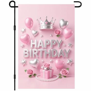 Imagem de BlissYard Feliz aniversário bandeira de jardim 30,5 x 45,7 cm rosa balões coroa rosas presentes bandeiras decorativas ao ar livre bandeira dupla face festa de aniversário bandeira de boas-vindas para