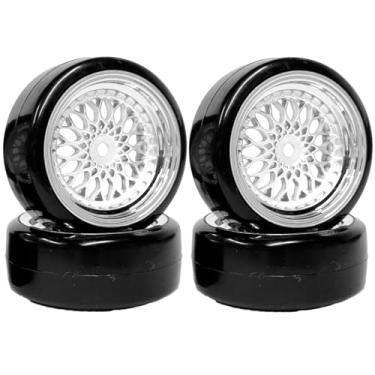 Imagem de 4PCS Drift Wheels Tires Set,WONFAST 63mm RC Hard Tyre with Plating Plastic Wheel Rims 12mm Hex for 1/10 RC On Road Racing Touring Drifting Car for Tamiya TT01 HSP HPI Kyosho(Silver,Offset:9mm)