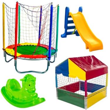 Imagem de Kit Playground Trampolim Cama Elástica Pula Pula 1,40m Piscina de Bolinhas 1,00m Quadrada Escorregador Médio Gangorra 1 Lugar