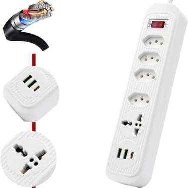 Imagem de Filtro de Linha 4 Tomadas + 3 USB (1 Tipo-C), Extensão Elétrica,Extensão Tomada, Régua Tomada, Régua de Energia, Cabo 2metros Bivolt 2500W, Interruptor Liga/Desliga – Branco