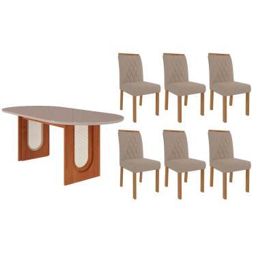 Imagem de Sala de Jantar Completa Valentina Tampo Madeirado Oval c/ Vidro 210x100cm e 6 Cadeiras Juliana Cinamomo/Off White - Carvalho/Linho Bege - Cimol