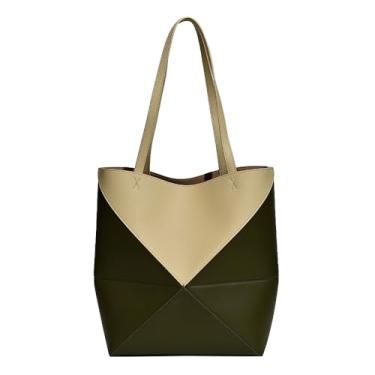 Imagem de Bolsa feminina de couro legítimo, bolsa de trabalho geométrica dobrável, bolsas de grande capacidade para viagens, Amarelo + verde militar
