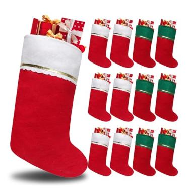 Imagem de Tokforty Pacote com 12 meias de Natal de feltro, enfeites de Natal de 48 cm, punho branco com acabamento dourado, meias de Natal para decorações de Natal em família (6 peças vermelhas + 6 verdes)