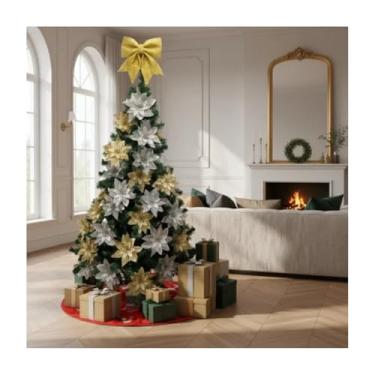 Imagem de Árvore De Natal Decorada 1,50m 300 Galhos Flor Laço Luxuosa Pinheiro Verde Ártificial Cedros Enfeites Decoração Festa Bola Natalino Flores Pendurar Ornamentos (Laço Prata)