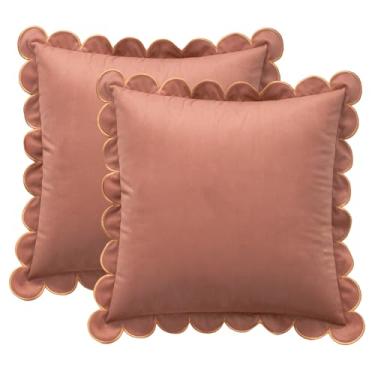 Imagem de MONDAY MOOSE Capas de almofada decorativas, conjunto de 2 designs de borda redonda recortada de veludo macio, misture e combine para decoração de casa, almofadas não incluídas (Rosa/mel, 45,7 x 45,7