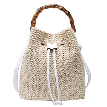 Imagem de Goclothod Bolsa de ombro pequena com cordão e trama de palha, bolsa de praia de verão, Off-white, Medium