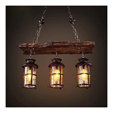 Imagem de Lustre moderno, retrô, rústico, lanterna, lustre industrial, cilíndrico, de madeira, pendente, luz, teto interno, pendurado, 3 luzes, luminária para sala de jantar, sala de estar, cozinha, c