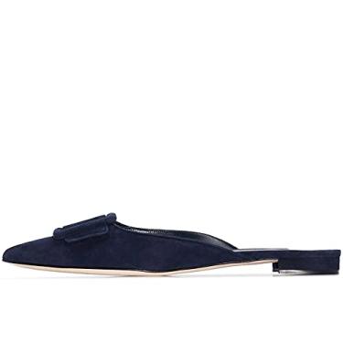 Imagem de Divanne Mules para mulheres, fivela plana mules bico fino frente única Mule Slides Suede Slip On Loafers, Azul-marinho camurça, 36