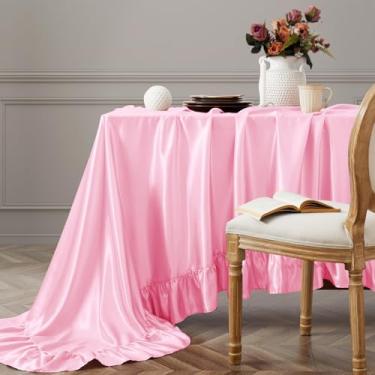 Imagem de Vonty Toalha de mesa de cetim rosa com babados, 152 x 259 cm, toalha de mesa sedosa, retangular, recortada, capa de mesa de fazenda, toalhas de mesa de seda, saia vintage para cozinha e jantar