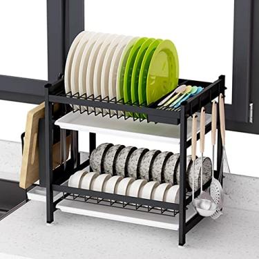 Imagem de Escorredor de pratos com bandeja coletora, aço inoxidável, 2 camadas, preto, escorredor de pratos, escorredor, escorredor, para pratos, tigelas, copos, cozinha, bancada, cozinha, escorredor