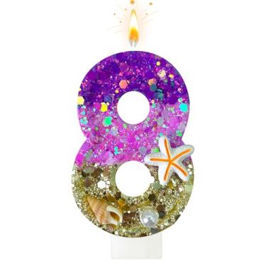 Imagem de Velas de aniversário, praia número 8 decoradas com conchas e pérolas para topo de bolo, adequadas para decorações de bolo de sereia, decoração de aniversário com tema de oceano (8 velas)